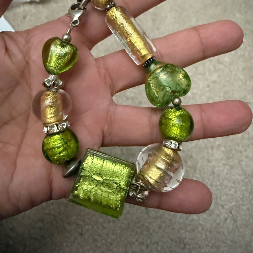 Gold Beaded Vintage Sterling Silver Decorated Green Glass Bracelet Fine